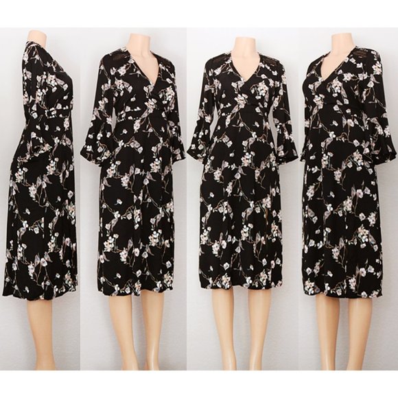NEW Black Floral Bird Wrap V Neck Slit Midi Dress - Picture 6 of 8